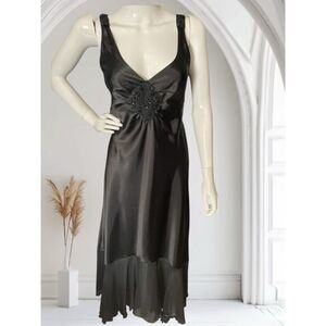 Linea Donatella Black Satin Applique Beaded Chiffon Hem Slip Dress Deadstock Sz